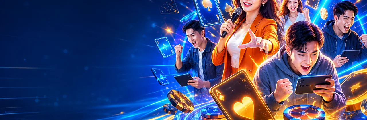 Banner tin nóng u888 với lá bài neon và ánh sáng chuyển động