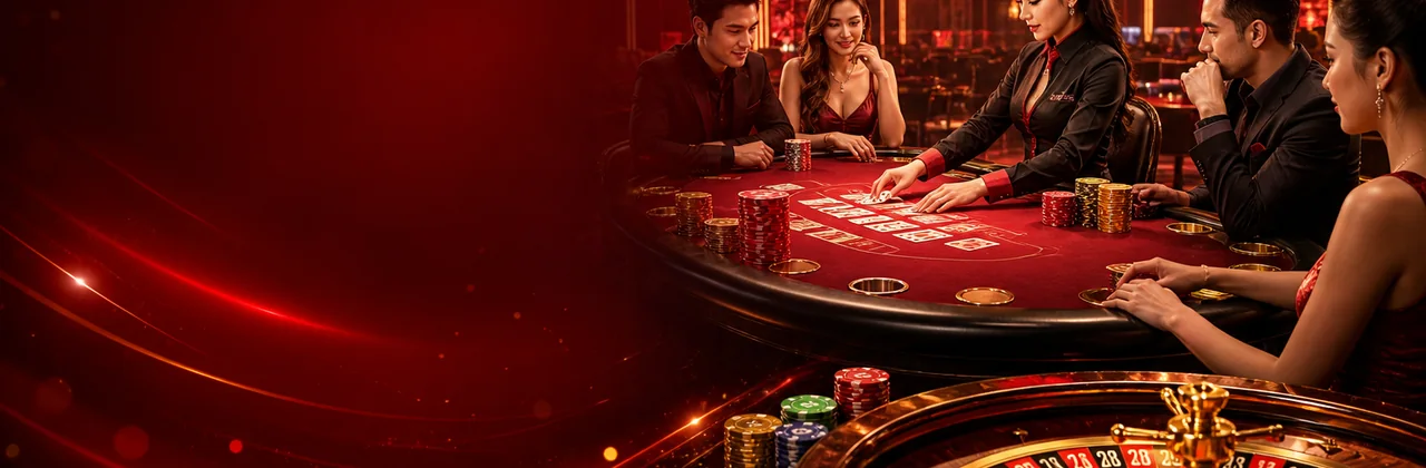 Banner game bài casino với bàn chip vàng và bánh xe ánh kim